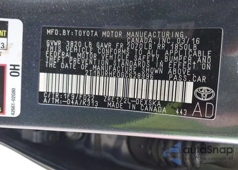 2016 Toyota Corolla S Plus z USA, uszkodzony, nr VIN 2T1BURHE0GC628996